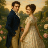 Mr and Mrs Bennett from Pride and Prejudice are pictured here in period costume twenty years before we meet them in the novel; by Jane austen.  The image should feature them as a couple in period costume in a rose garden looking back over their shoulders