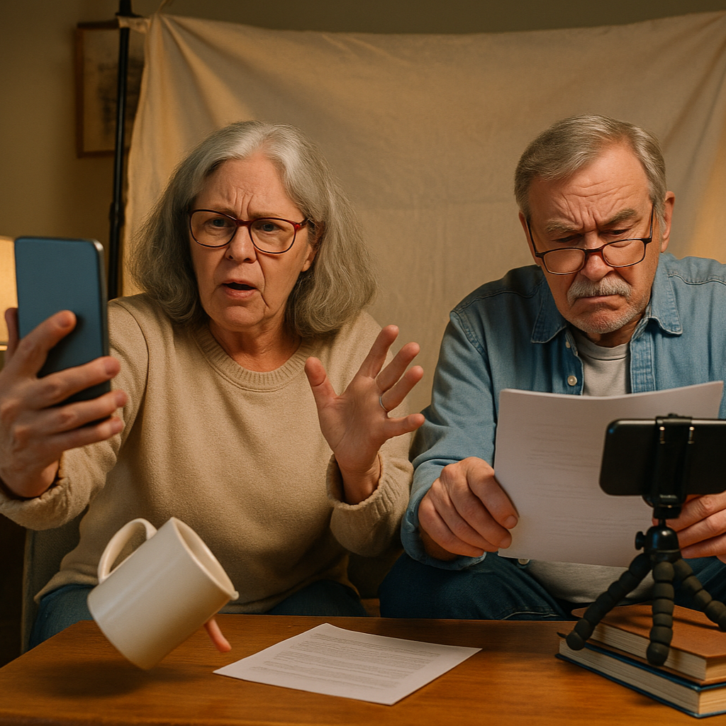 older man and woman try to do a self tape audition at home with comedic effect