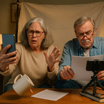 older man and woman try to do a self tape audition at home with comedic effect