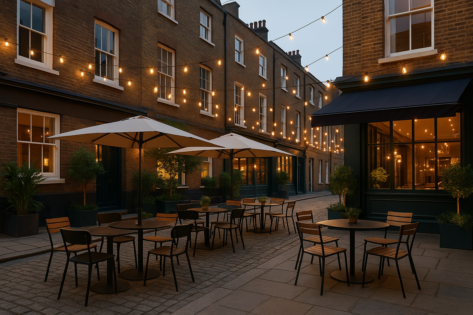 Outdoor seating area with tables and chairs at a restaurant with a cool cental London vibe