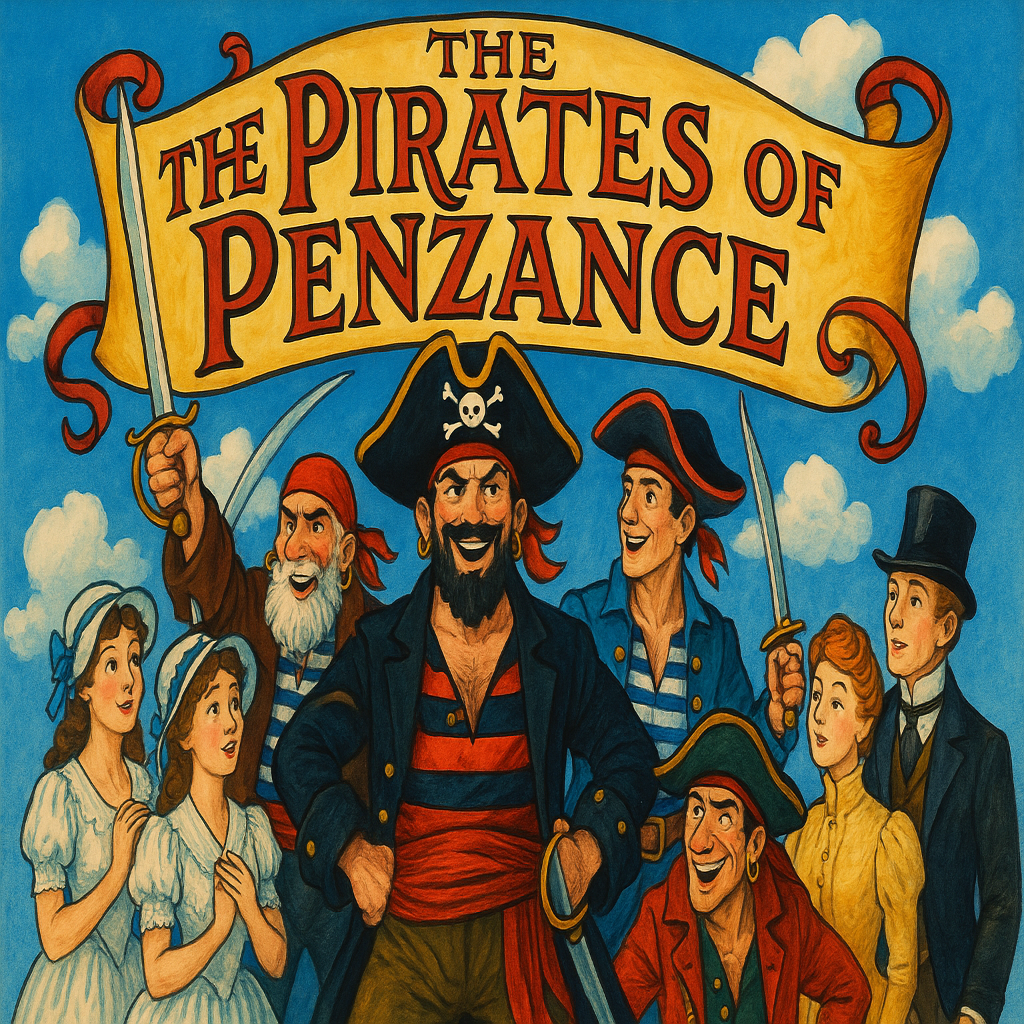 Poster of 'The Pirates of Penzance' with characters and a banner with 'The Pirates of Penzance' written on it, against a blue sky.