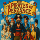 Poster of 'The Pirates of Penzance' with characters and a banner with 'The Pirates of Penzance' written on it, against a blue sky.