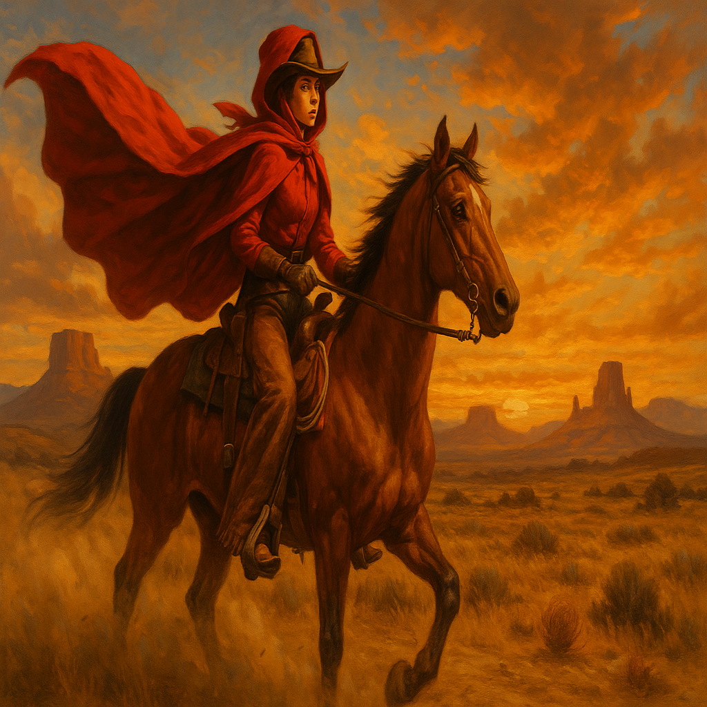 Red Riding Hood pictured on a horse as a cowboy in the good old USA