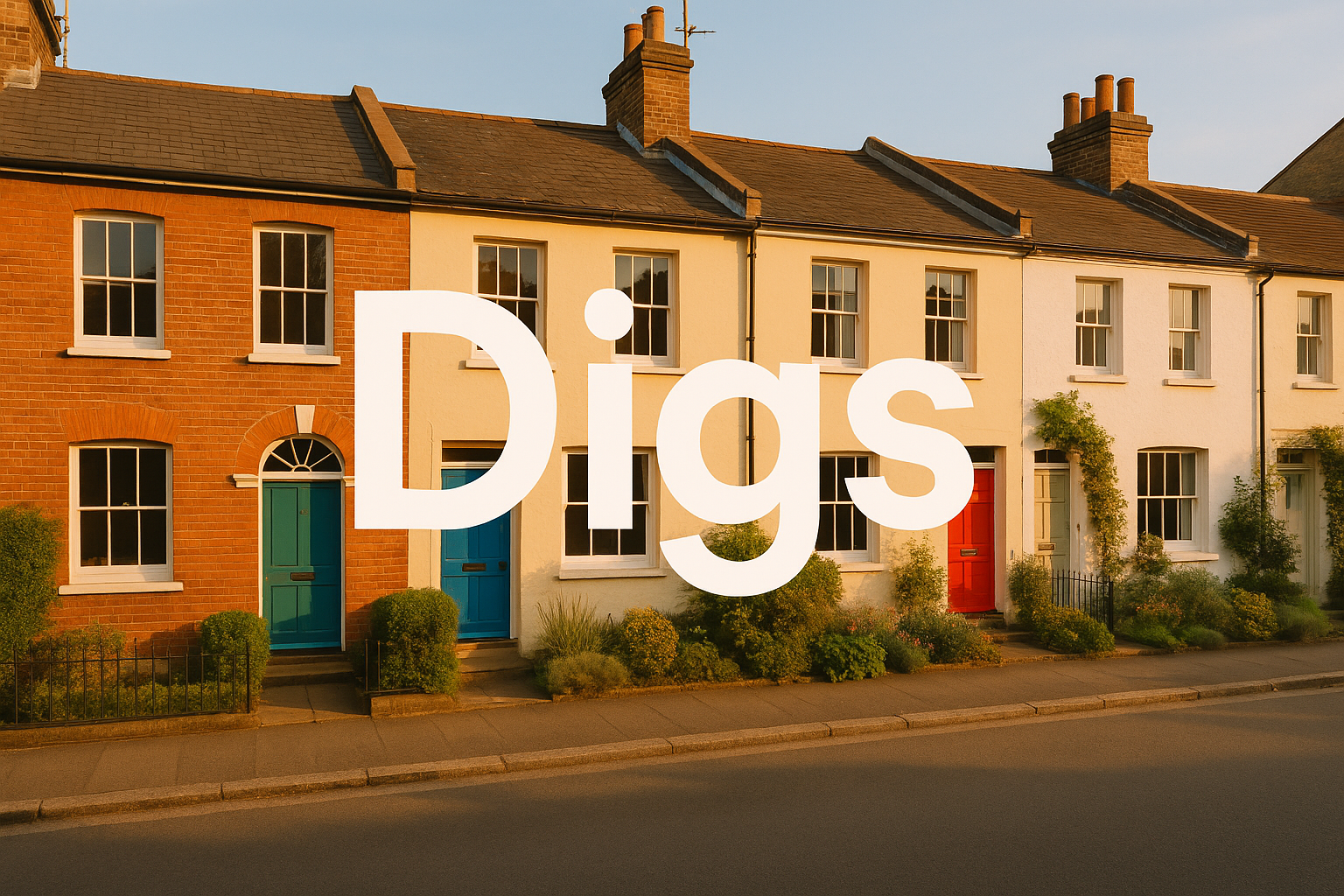Row of houses on a street with 'Digs' text overlay