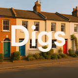 Row of houses on a street with 'Digs' text overlay