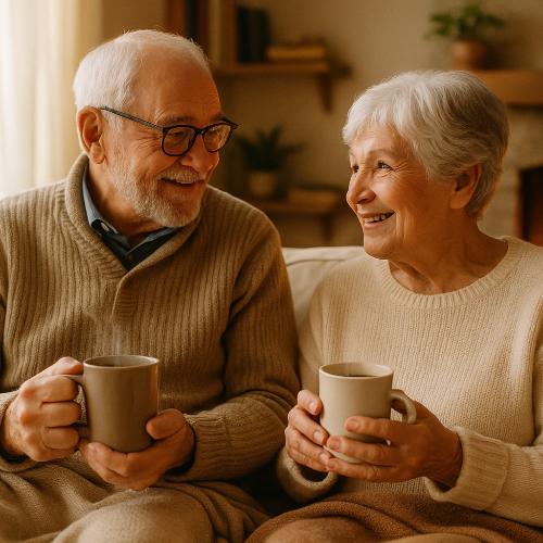 Senior couple sitting together holding coffee mugs in a cozy indoor setting.
