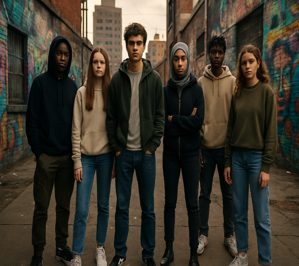 Six teenagers - a mix of men and women, in the inner city,  plan to fight back against a rival gang (unseen).  They are pictured in a graffiti ridden concrete jungle
