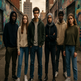 Six teenagers - a mix of men and women, in the inner city,  plan to fight back against a rival gang (unseen).  They are pictured in a graffiti ridden concrete jungle