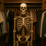 Skeletal figure in a closet with clothes on hangers
