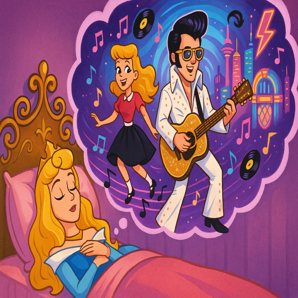 Sleeping Beauty has a dream she is going into the future, via Rock and Roll and Elvis presley, cartoony