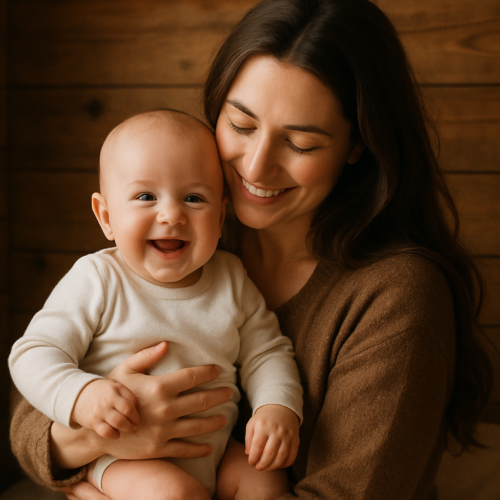 Smiling Brunette Woman holding a baby in a room with wooden walls