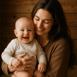 Smiling Brunette Woman holding a baby in a room with wooden walls