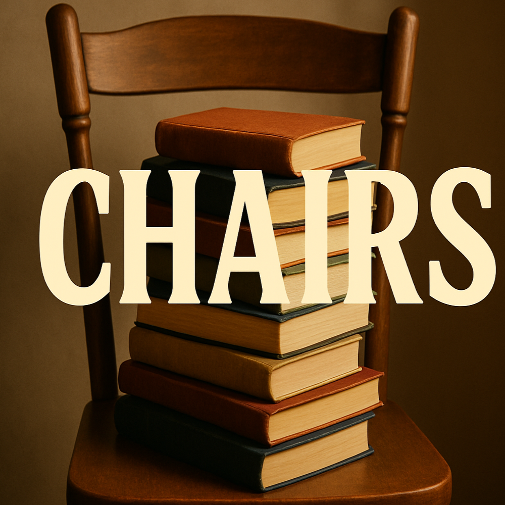 Stack of books on a chair with 'CHAIRS' text overlay
