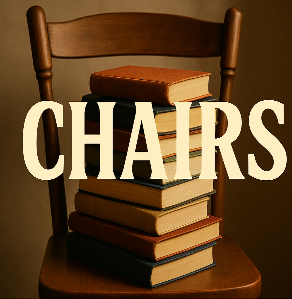 Stack of books on a chair with 'CHAIRS' text overlay