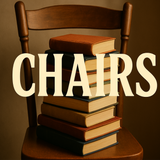 Stack of books on a chair with 'CHAIRS' text overlay