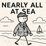Stick drawing of Sir Henry in tweed style with title 'Nearly All At Sea'