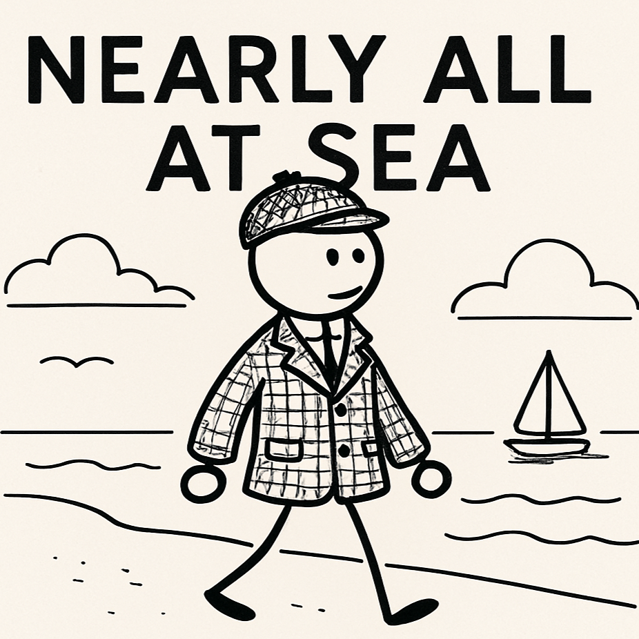 Stick drawing of Sir Henry in tweed style with title 'Nearly All At Sea'