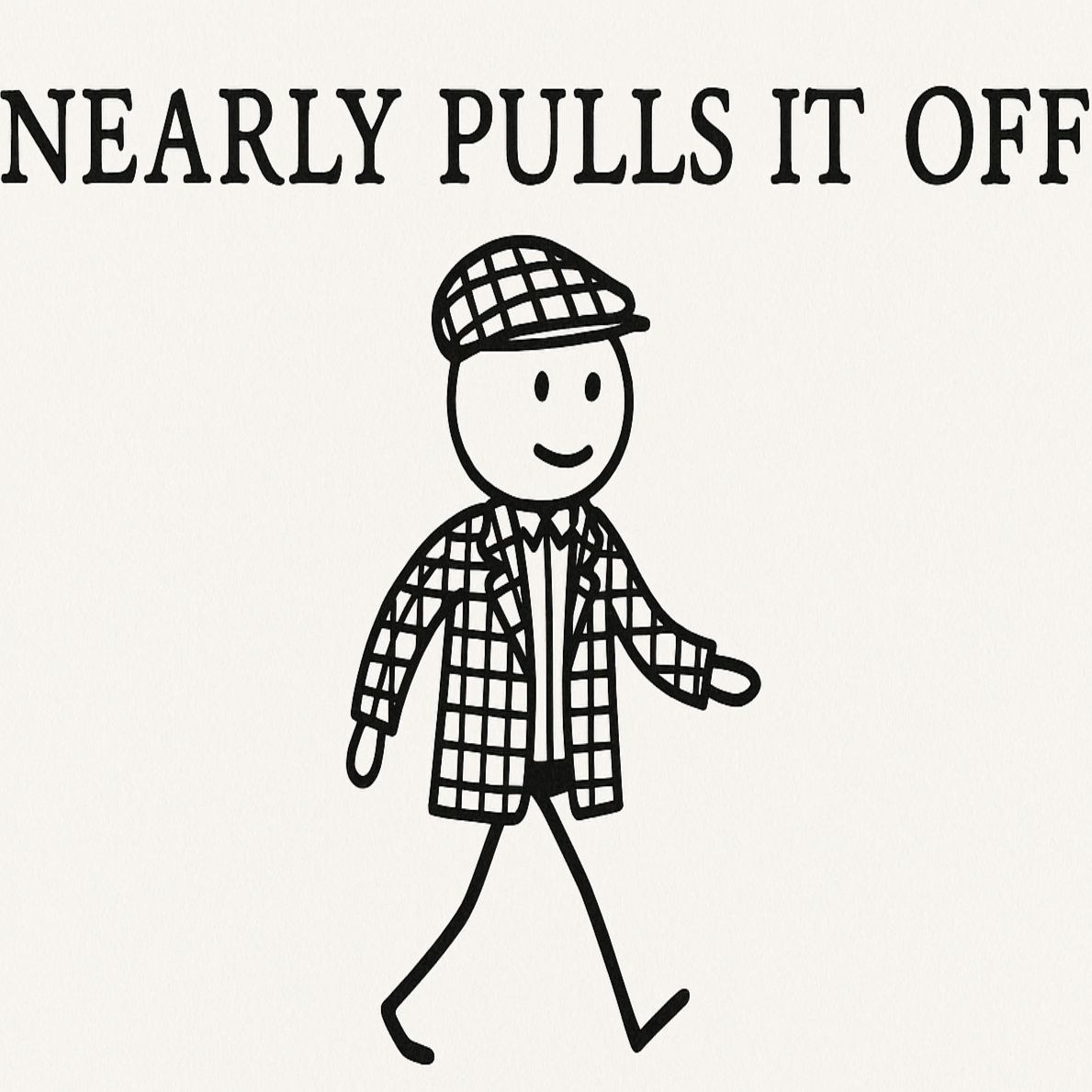 Stick drawing of Sir Henry in tweed style with title 'Nearly Pulls It Off'