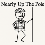 Stick drawing of Sir Henry in tweed style with title 'Nearly Up The Pole'
