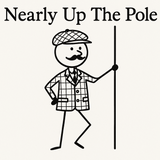 Stick drawing of Sir Henry in tweed style with title 'Nearly Up The Pole'
