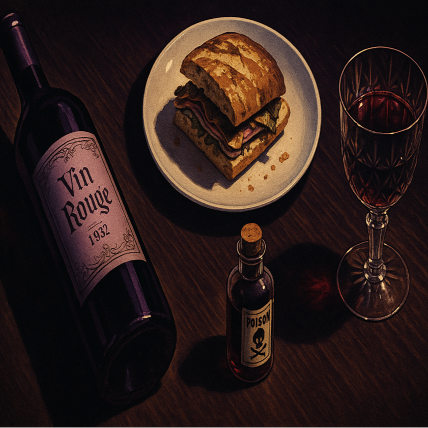 Table setting with lilac wine bottle, a sandwich, a vial of poison and a glass of wine. This Murder Mystery Play intrigues with this poster design