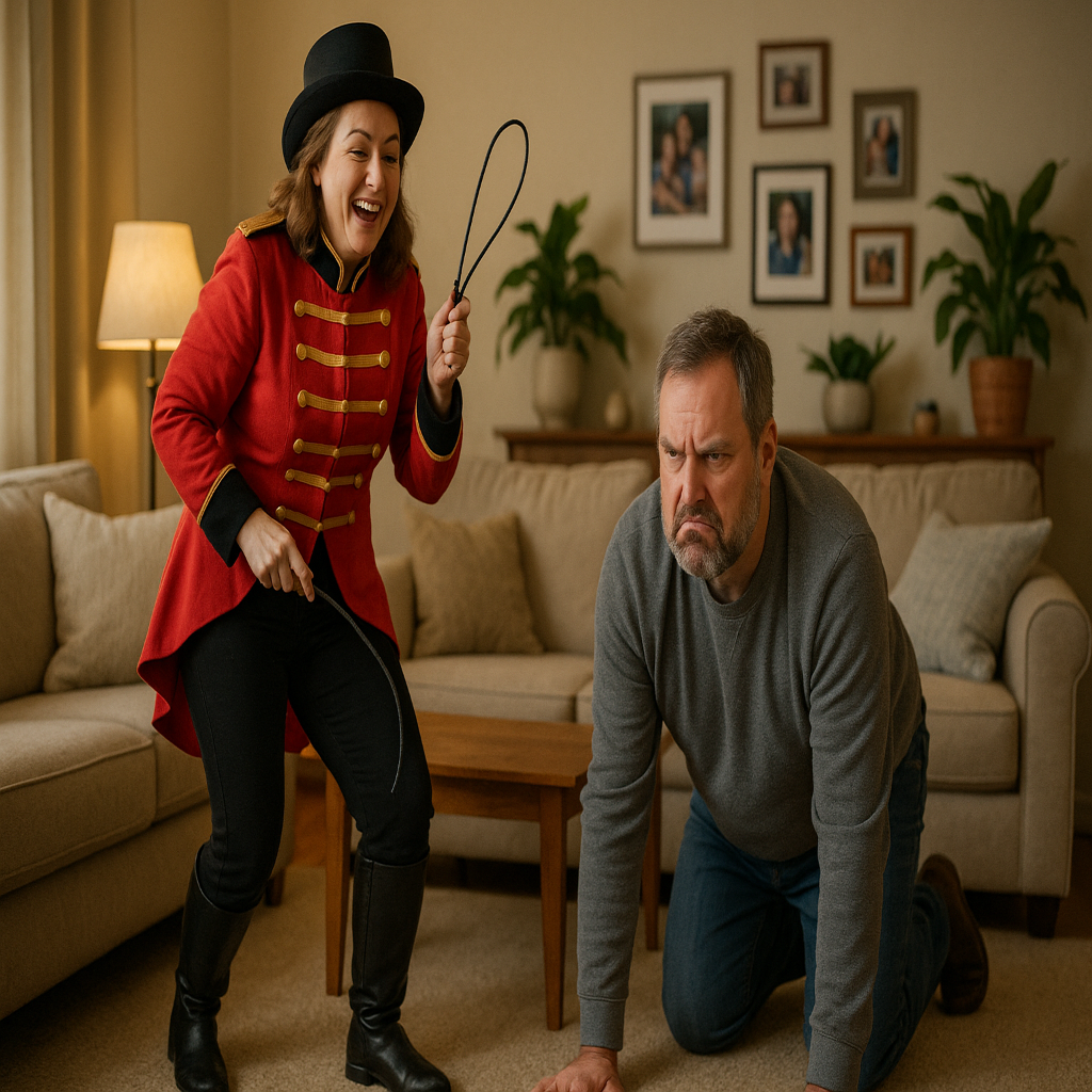 The husband should look perturbed, not smiling