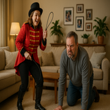 The husband should look perturbed, not smiling