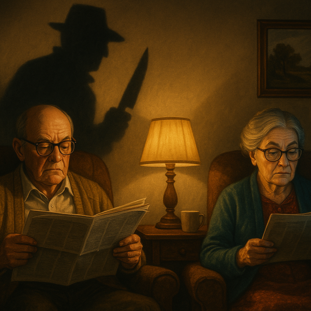 The image presents a couple married for forty years and a shady figure behind them silhouetted into the wall of their living room.  Each has taken a contract out on the other so itg is comic but dark in style