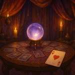the interior of a fortune-tellers tent with crystal ball and tarot cards visible, as well as an Ace of Hearts playing card