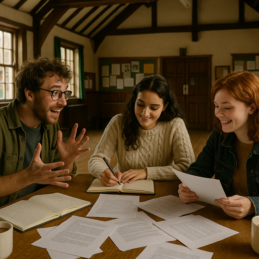 Three friends hire the local village hall to write a murder mystery