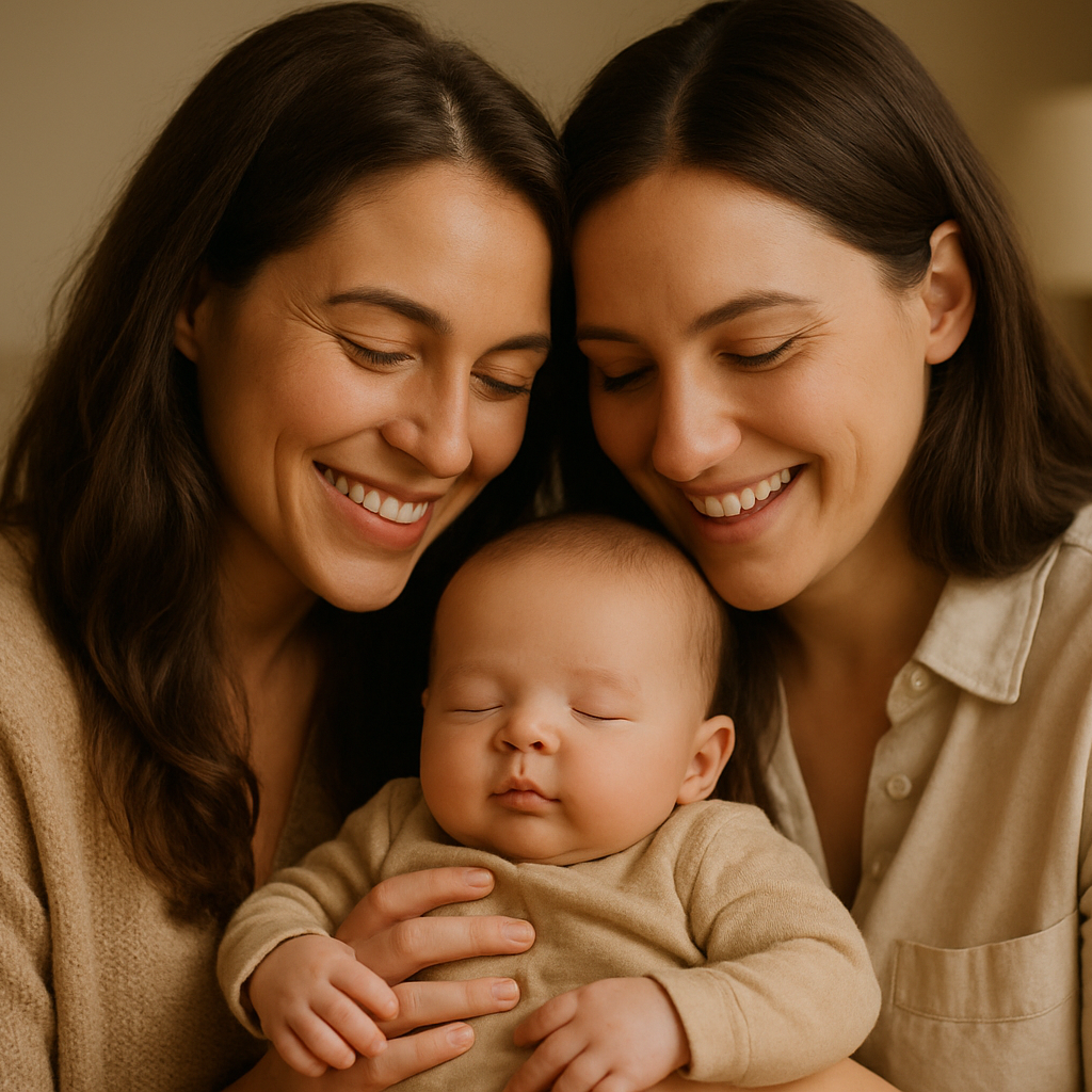 Two brunette ladies are married with a small baby