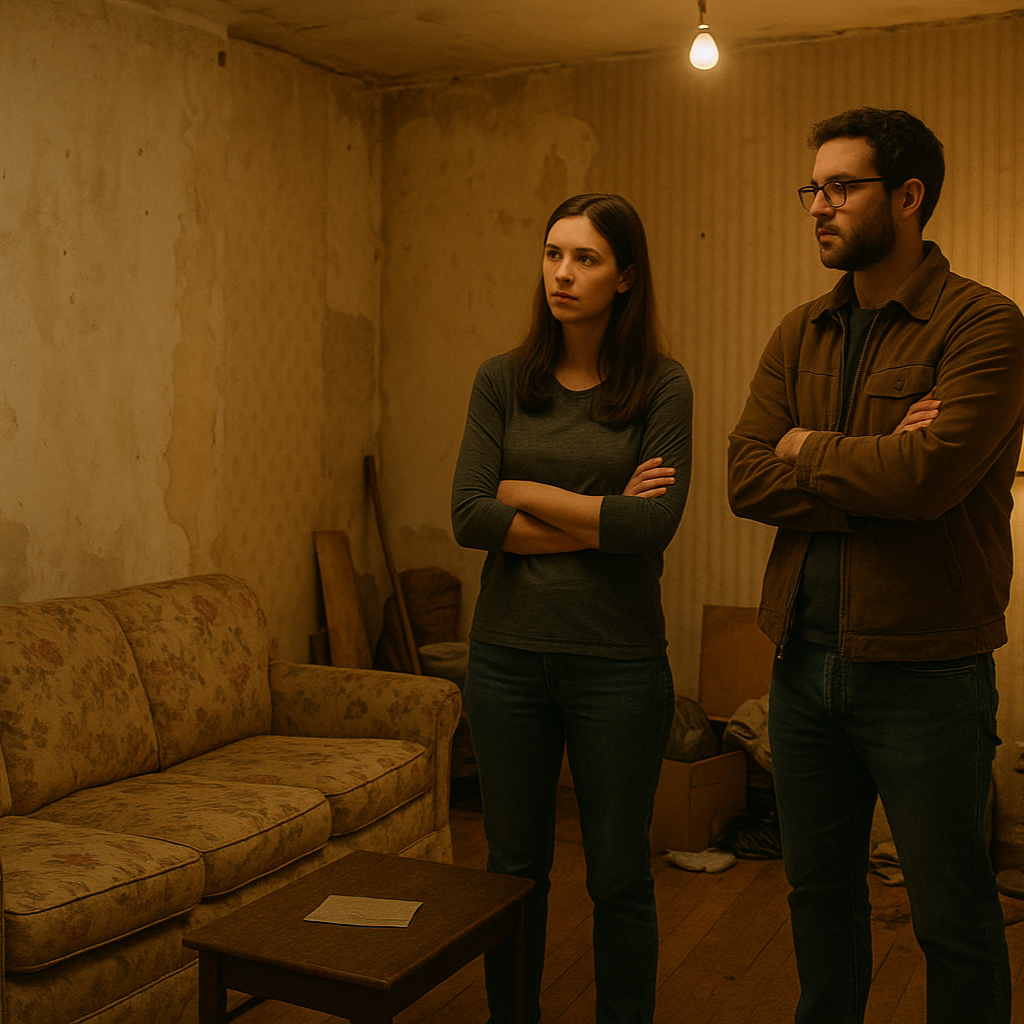 Two people standing in a room with a floral-patterned sofa and a small table. THE ROOM IS in a bit of state and in need of some decorating and TLC.