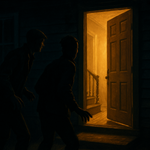 Two strangers check to see if the open door to the house means they can burgle it only to reaslise there is a light on inside
