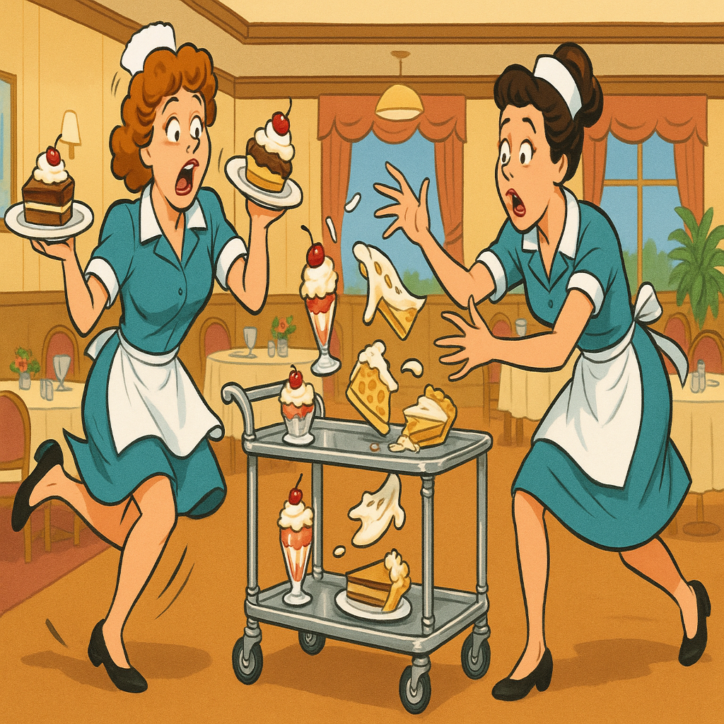 Two women are waitresses on a sitcom providing comedy falls whilst serving desert from the silver service trolley