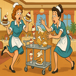 Two women are waitresses on a sitcom providing comedy falls whilst serving desert from the silver service trolley