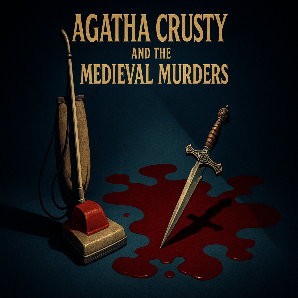 Vacuum cleaner with a knife and pool of blood on a blue background suggesting a murder mystery play called 'Agatha Crusty and The Medieval Murders'