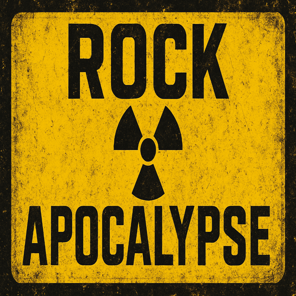 Warning sign with 'Rock Apocalypse' text and radiation symbol on a black and yellow background