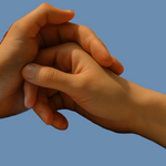 We just see two hands holding each other on a bedsheet. There is a sense of love and poignancy in the way they touch hands