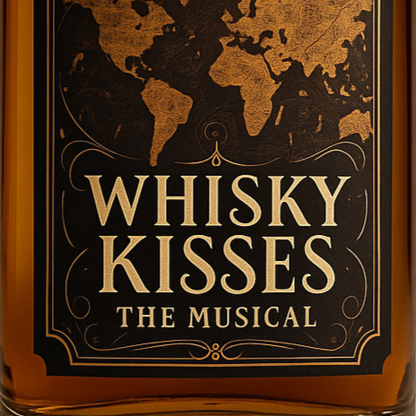 Whisky bottle labeled 'Whisky Kisses the Musical' with a world map design.