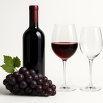 Wine bottle with grapes and glasses on a white background