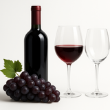 Wine bottle with grapes and glasses on a white background