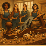Wooden hand plane with wood shavings on a wooden surface is prominent in a poster that features four women in overalls taking a carpentry class but no teacher has arrived