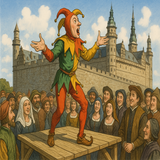 Yorick the jester of Hamlet fame is pictured doing stand up outside Elsinore Castle at midday